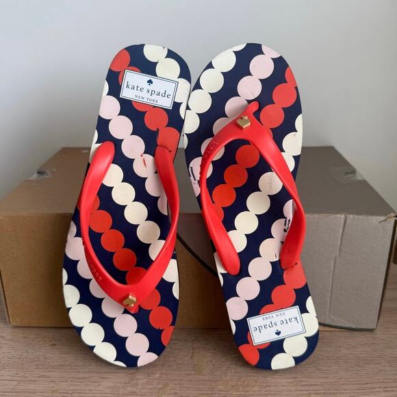 KATE SPADE New York Fifi Navy Orange Polka Dot Women Flip Flops  - SZ 8 - Picture 3 of 10
